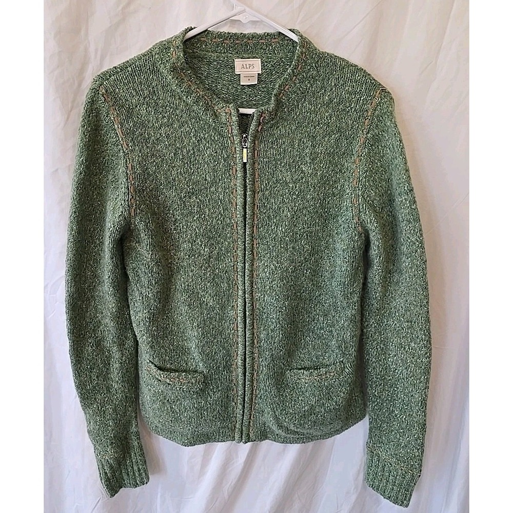 Vintage‎ Alps Women's Cardigan Sweater Full-zip Green W/brown Decorative Trim S